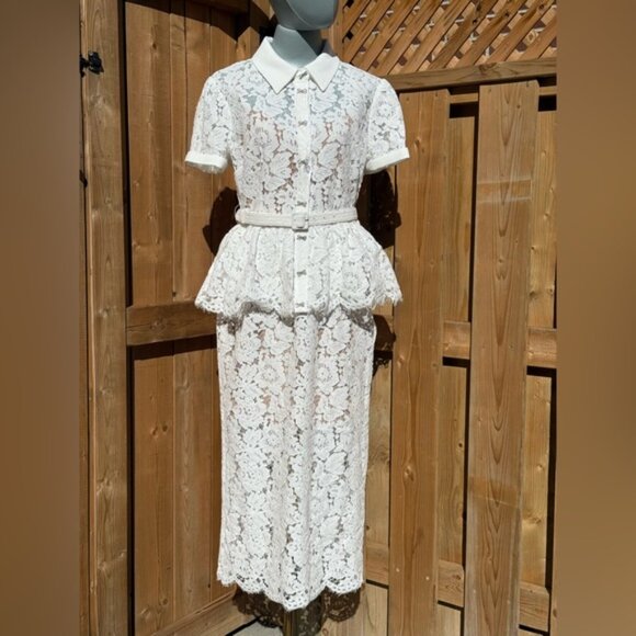 🆕 SELF-PORTRAIT 🧿 NWOT White Lace Peplum Belted Midi Dress, Sz UK 10 US 6 - Picture 12 of 16